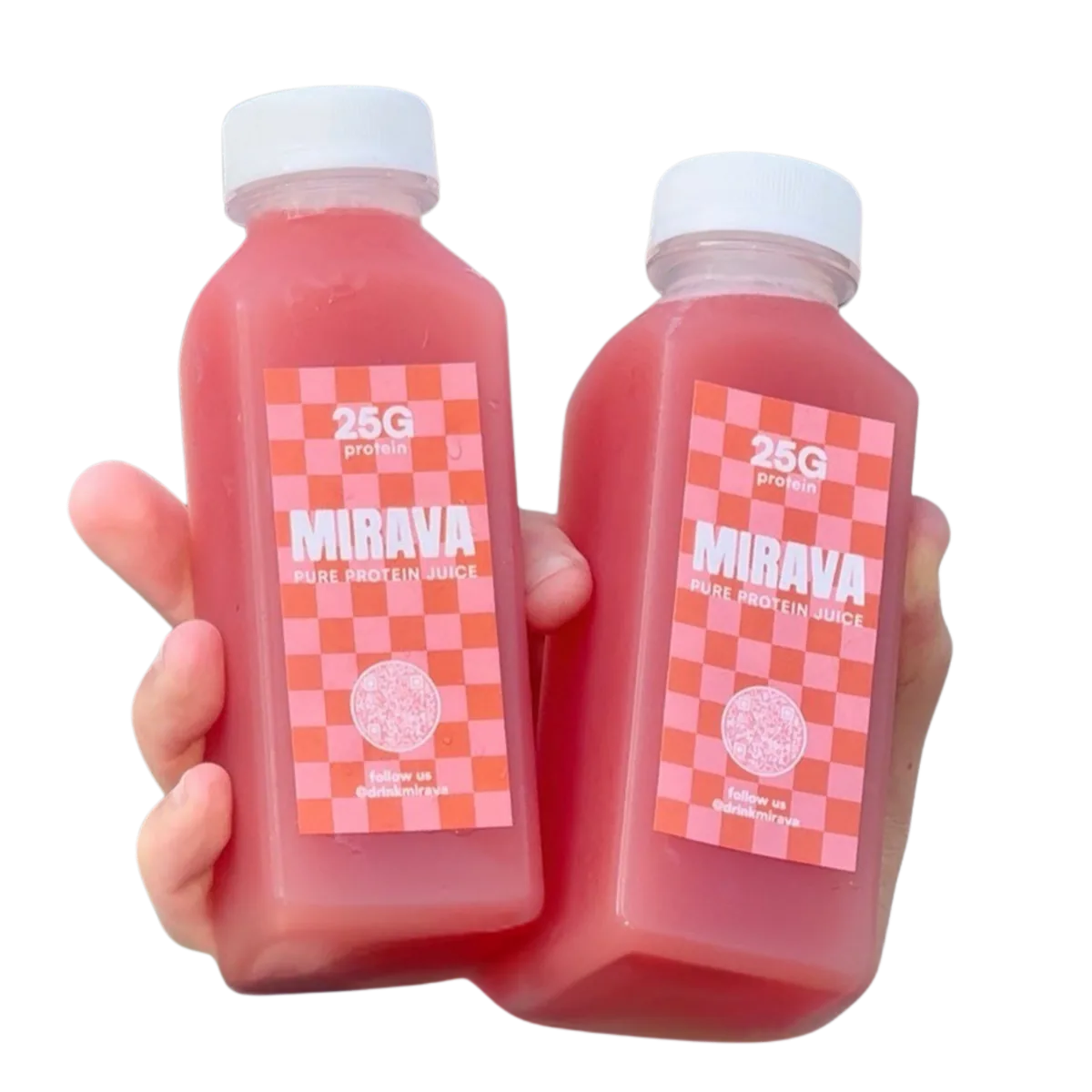 Two bottles of MIRAVA watermelon protein juice